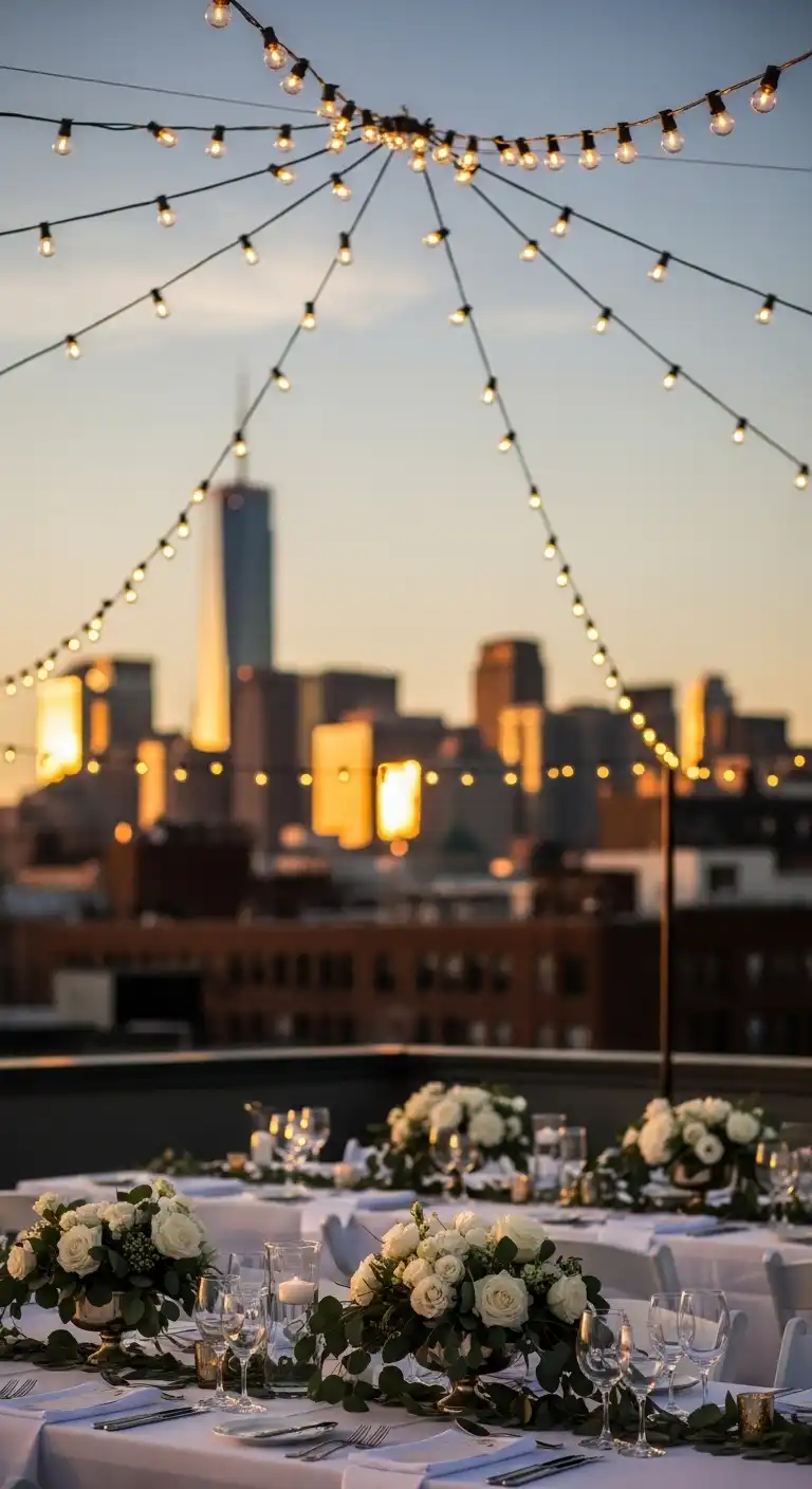 Ombre Rusty Orange Wedding Cake Rooftop Wedding Decor Ideas: Elegant String Light Canopy