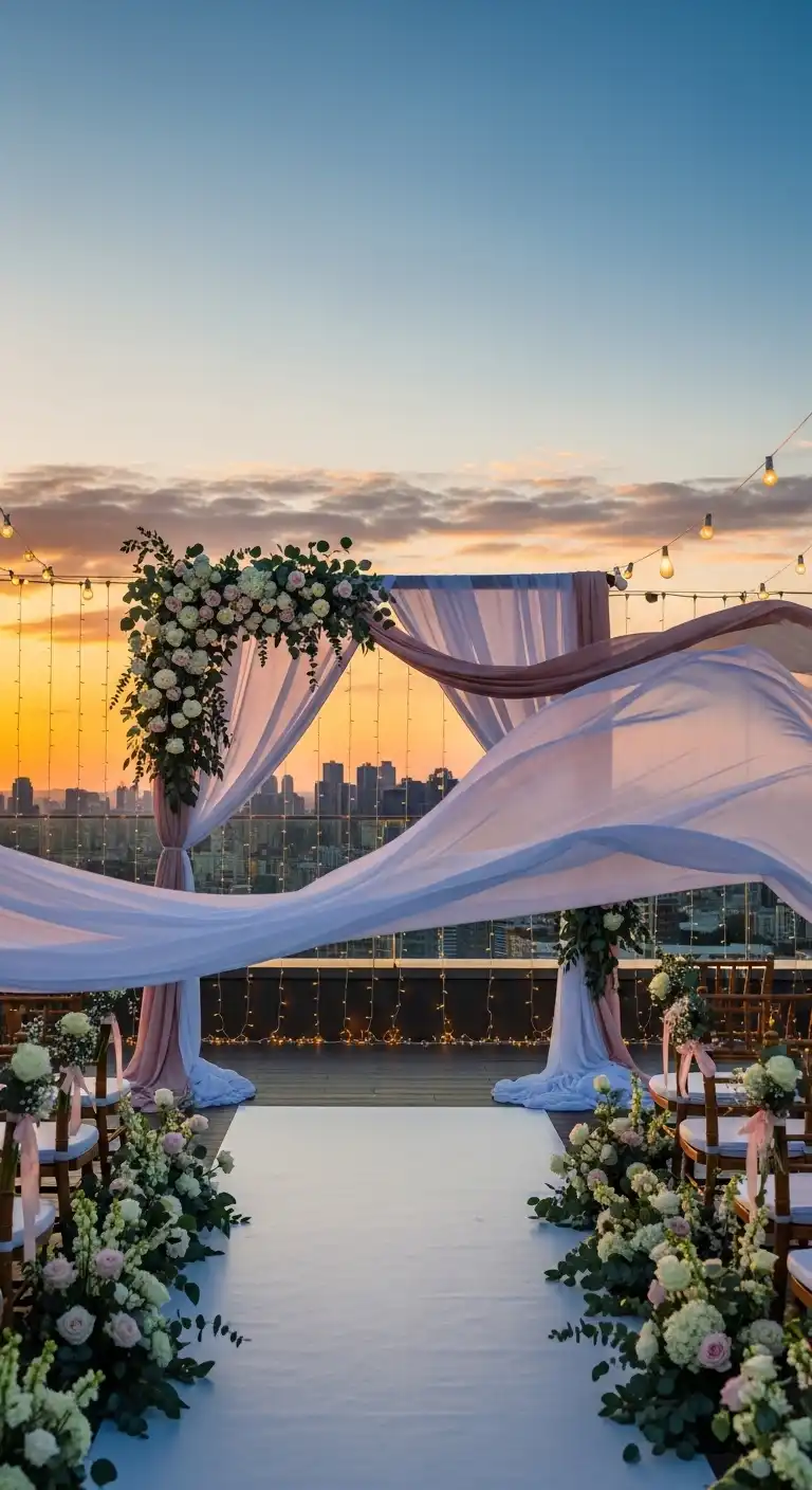 Ombre Rusty Orange Wedding Cake Rooftop Wedding Decor Ideas: Skyline Ceremony Arch with Flowing Fabric