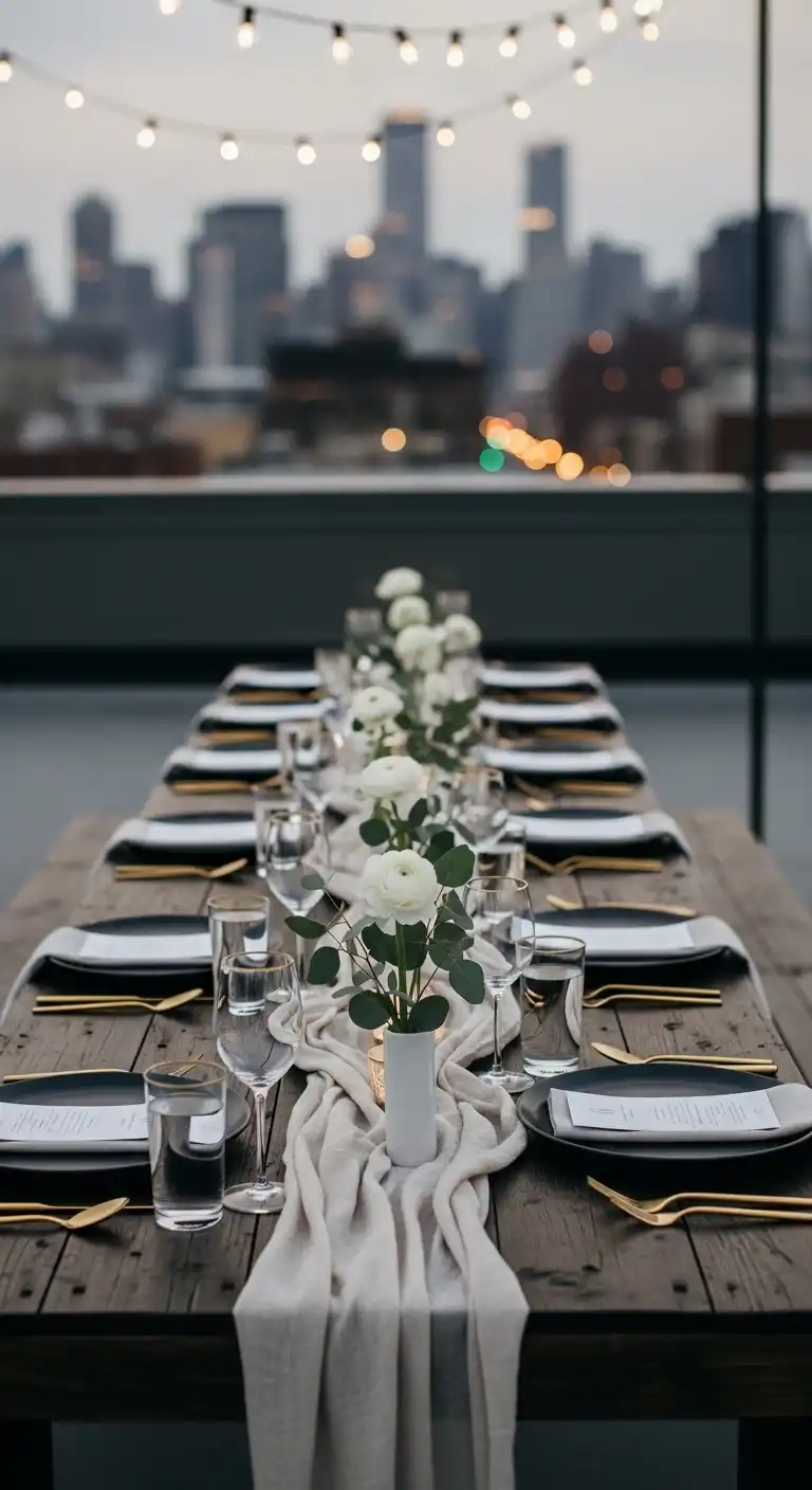 Ombre Rusty Orange Wedding Cake Rooftop Wedding Decor Ideas: Minimalist Table Settings with Urban Elegance