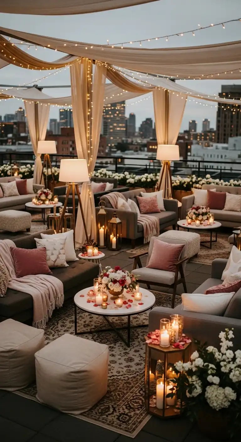 7 Rooftop Wedding Decor Ideas for a Romantic City Wedding 3 Rooftop Wedding Decor Ideas: Cozy Lounge Corners with City Views
