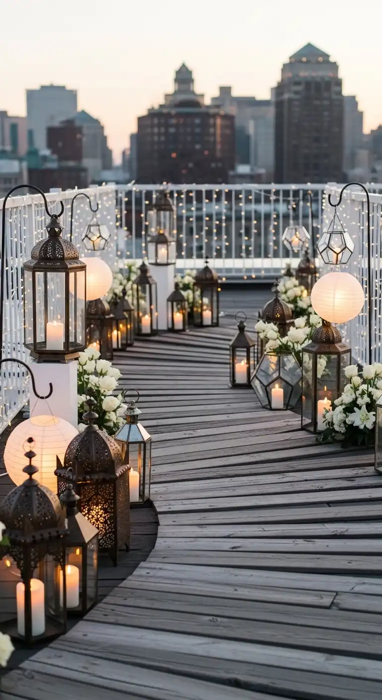 Ombre Rusty Orange Wedding Cake Rooftop Wedding Decor Ideas: Decorative Lantern Pathways