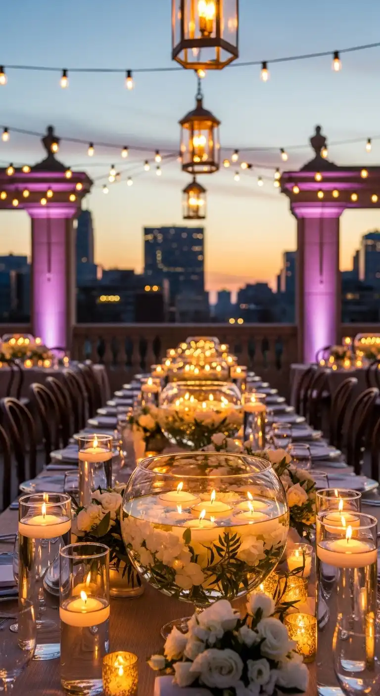 Ombre Rusty Orange Wedding Cake Rooftop Wedding Decor Ideas: Floating Candle Displays for Evening Glow