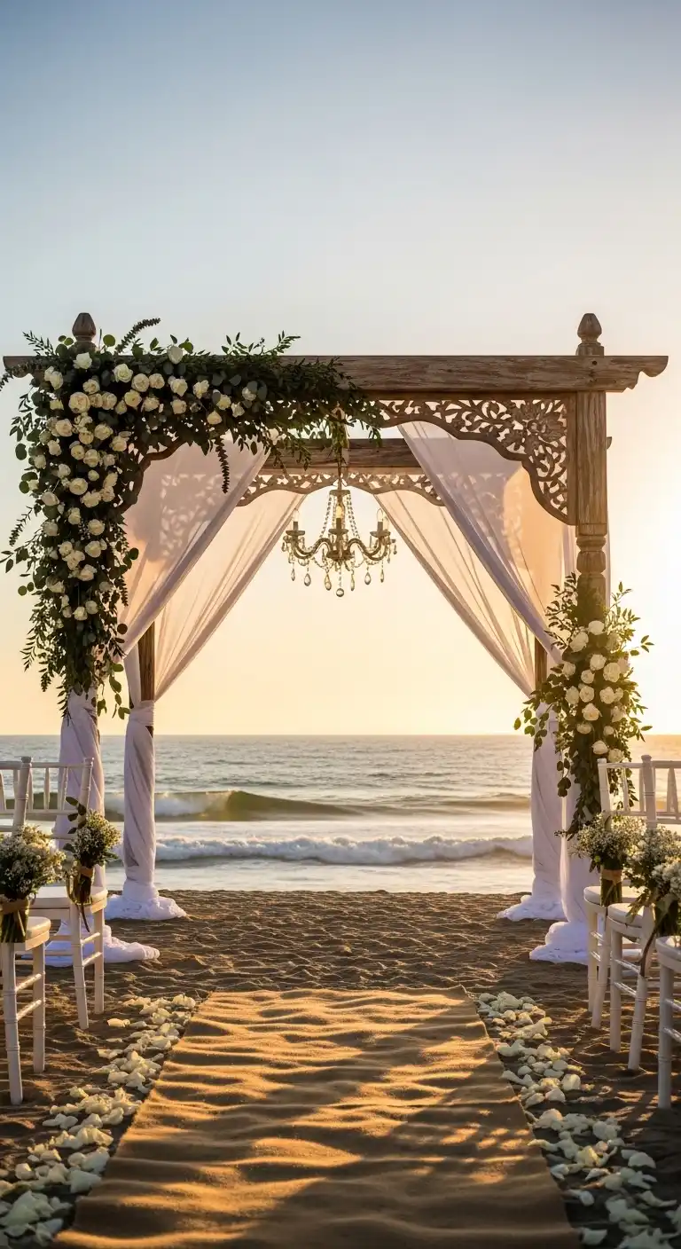 Ombre Rusty Orange Wedding Cake Wooden Arch Ceremony Setup with Flowing Drapery