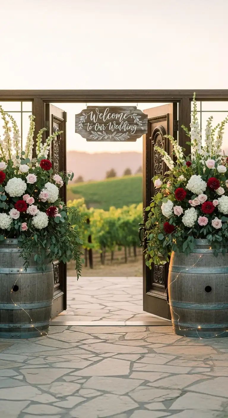 Ombre Rusty Orange Wedding Cake Floral Barrel Displays for Statement Entrance Decor