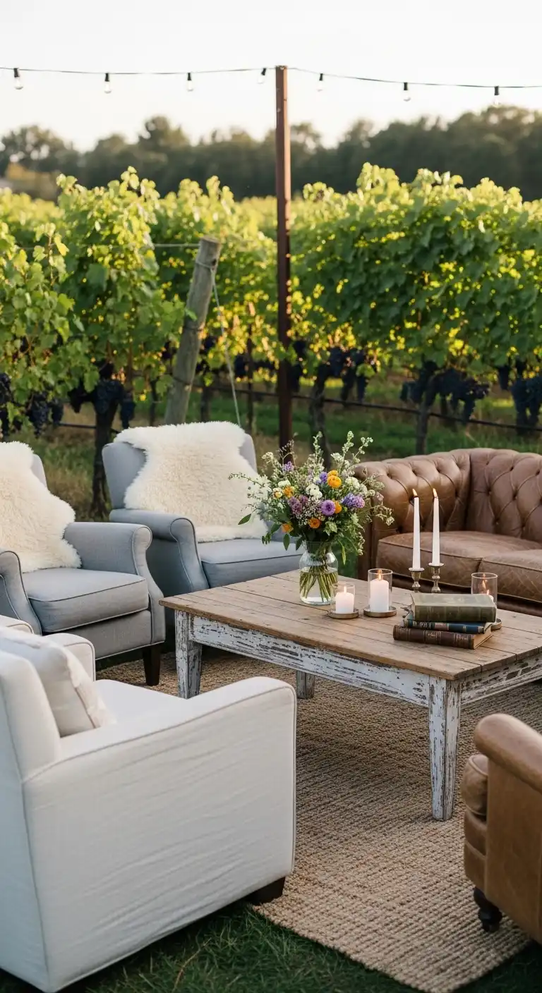 Ombre Rusty Orange Wedding Cake Elegant Lounge Corners with Rustic Furniture