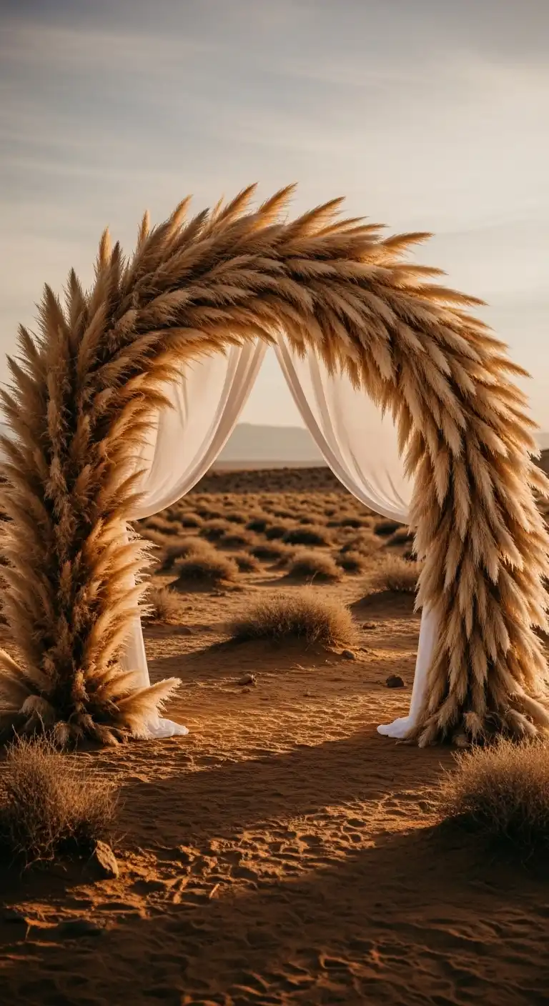 Ombre Rusty Orange Wedding Cake Pampas Grass Ceremony Arch with Soft Draping