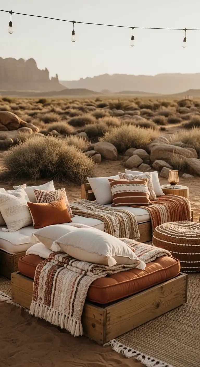 Ombre Rusty Orange Wedding Cake Low Wooden Lounge Seating with Layered Textiles