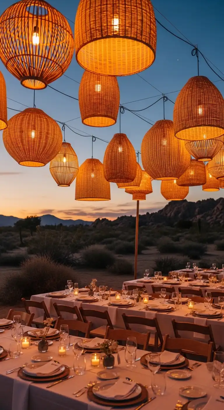 Ombre Rusty Orange Wedding Cake Rattan Lantern Lighting for Warm Evening Glow