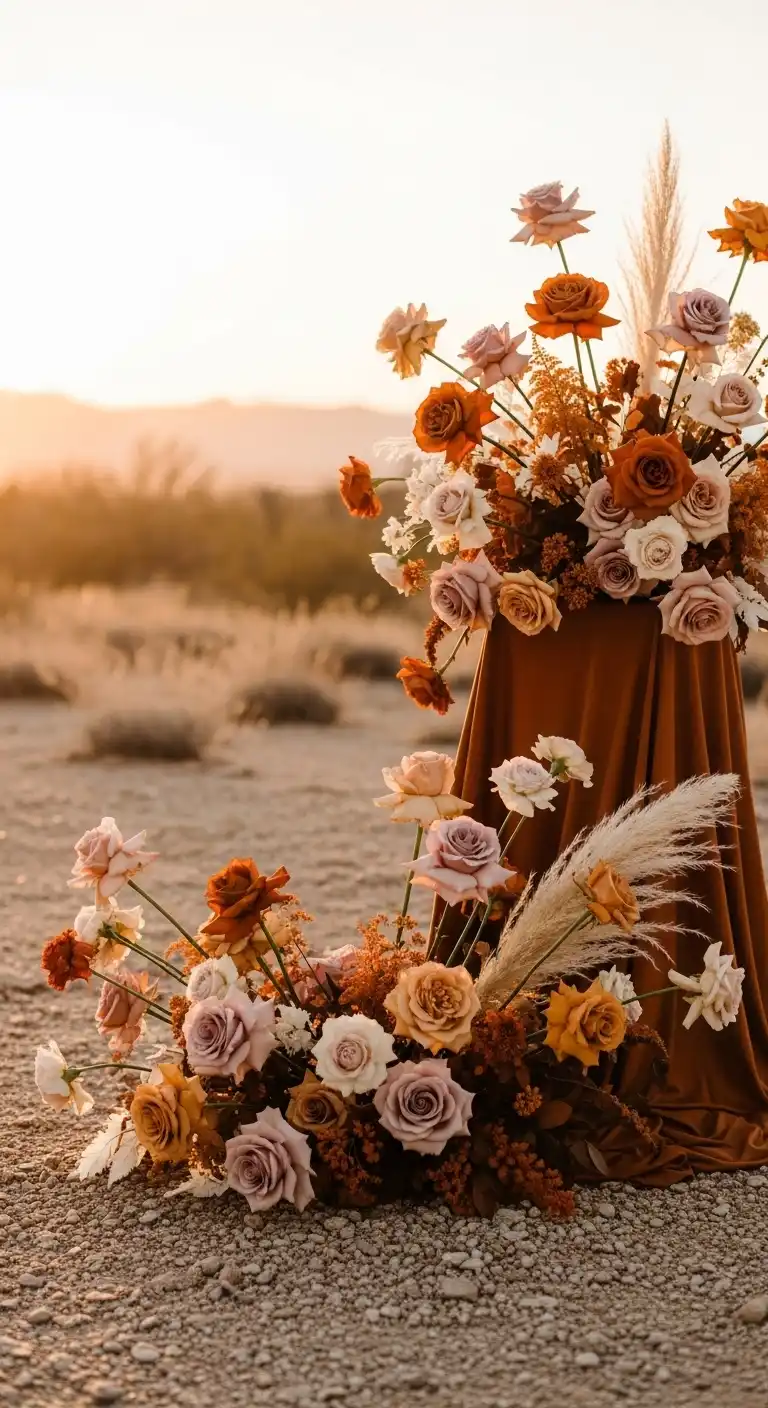 Ombre Rusty Orange Wedding Cake Sunset-Inspired Floral Arrangements