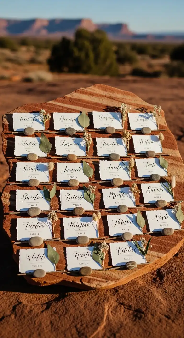 Ombre Rusty Orange Wedding Cake Stone Escort Card Display with Natural Texture