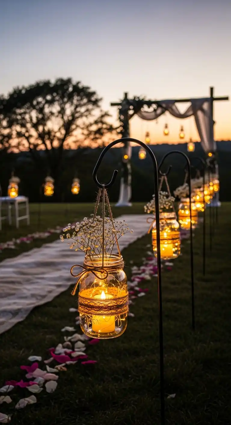 Ombre Rusty Orange Wedding Cake Rustic Mason Jar Lanterns for Outdoor Weddings