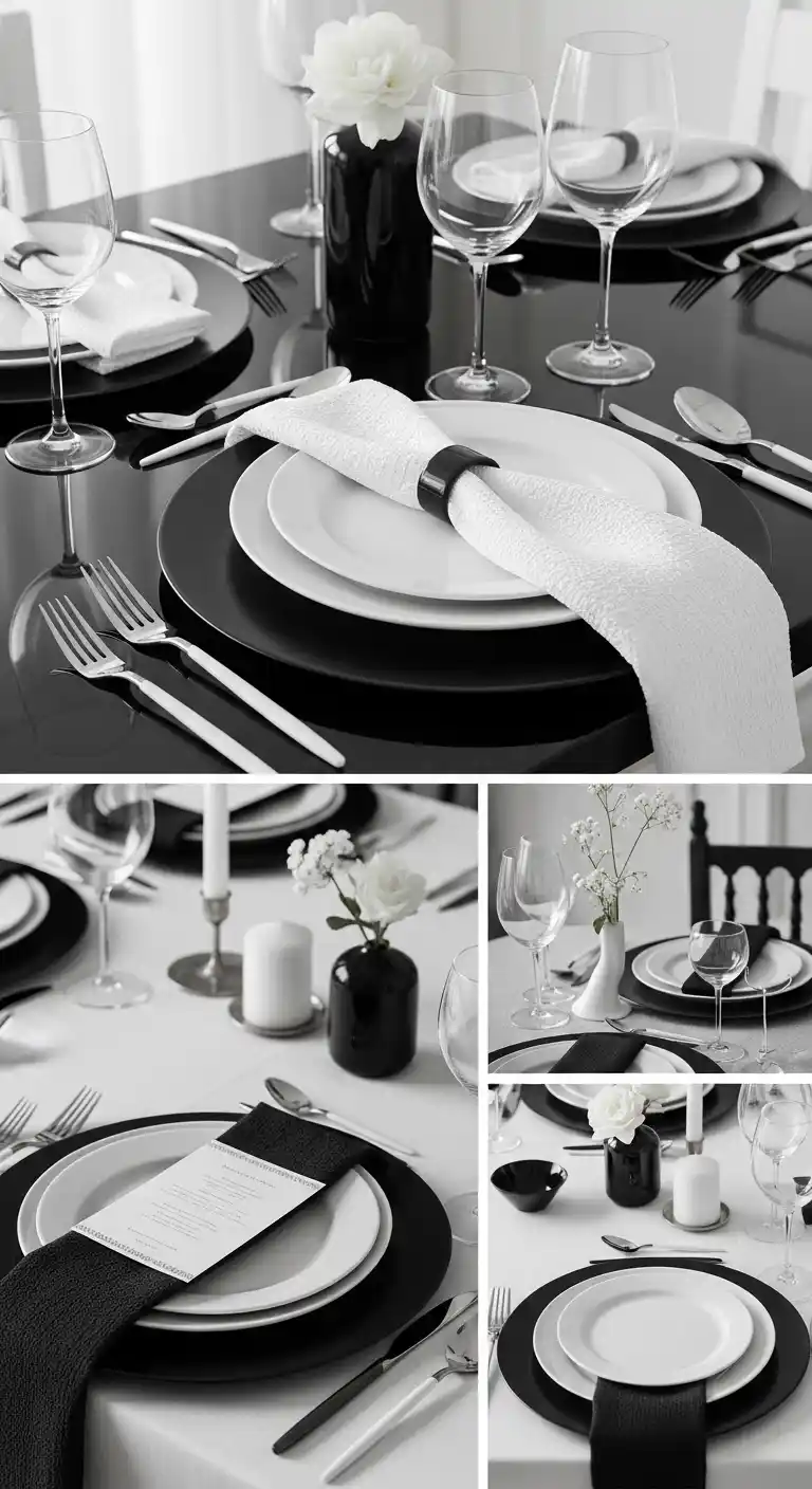 Ombre Rusty Orange Wedding Cake Monochrome Table Settings and Dinnerware