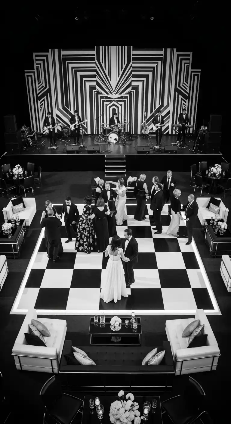 Ombre Rusty Orange Wedding Cake Monochrome Dance Floor and Entertainment Area