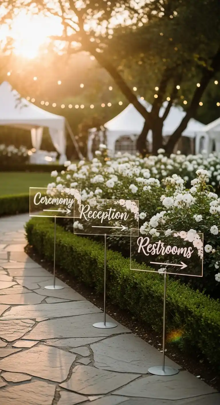 Ombre Rusty Orange Wedding Cake Directional Acrylic Signs to Guide Guests