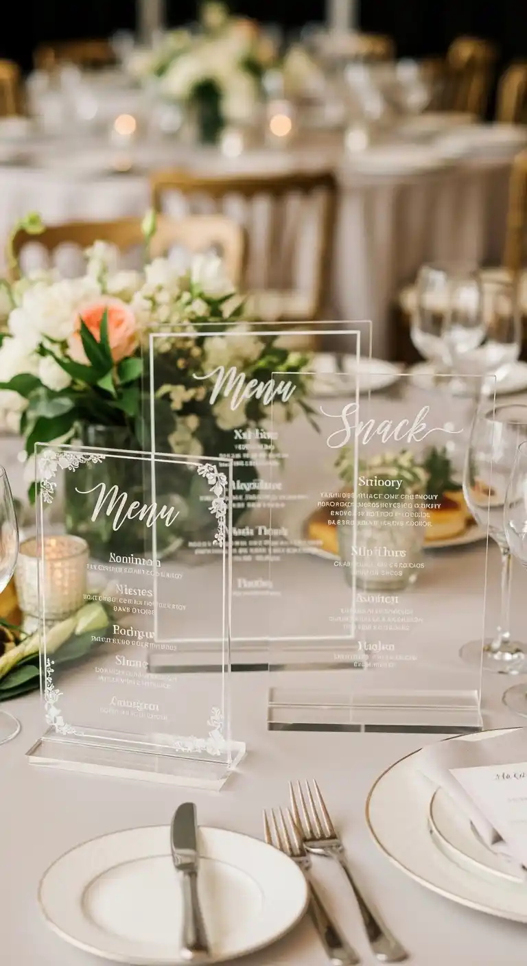 Ombre Rusty Orange Wedding Cake Acrylic Menu Signs for Reception Tables