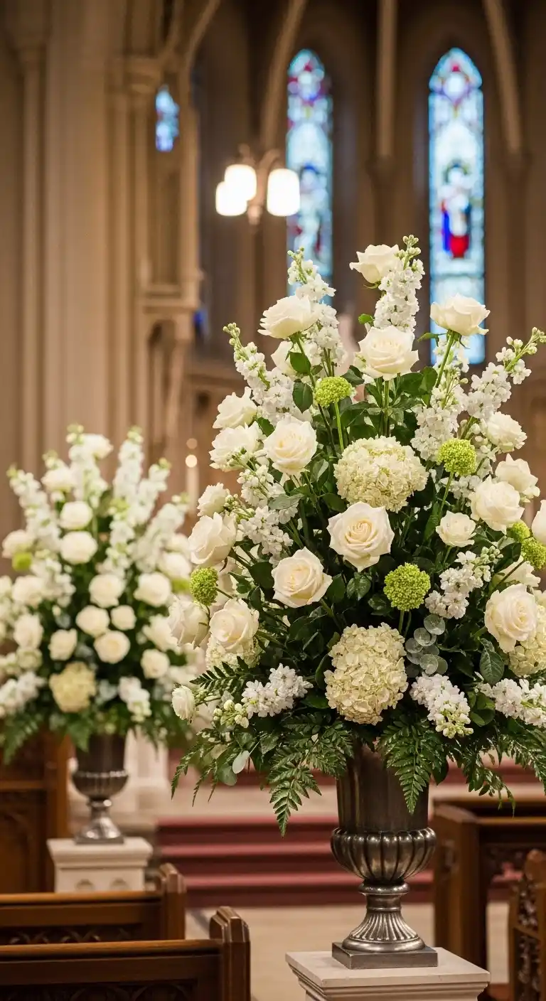 Ombre Rusty Orange Wedding Cake Classic White Rose Arrangements for a Timeless Church Look
