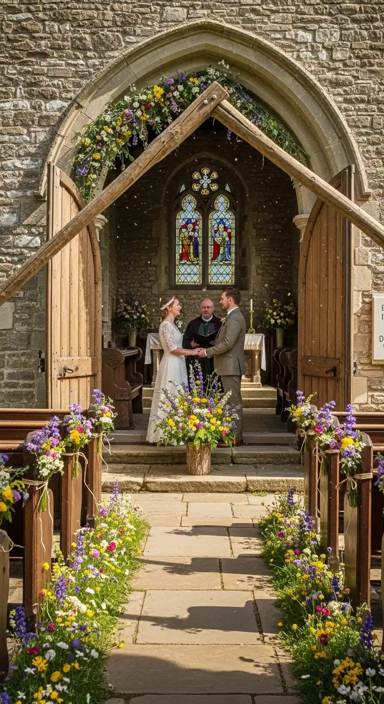Ombre Rusty Orange Wedding Cake Seasonal Wildflowers for a Charming Rustic Church Wedding