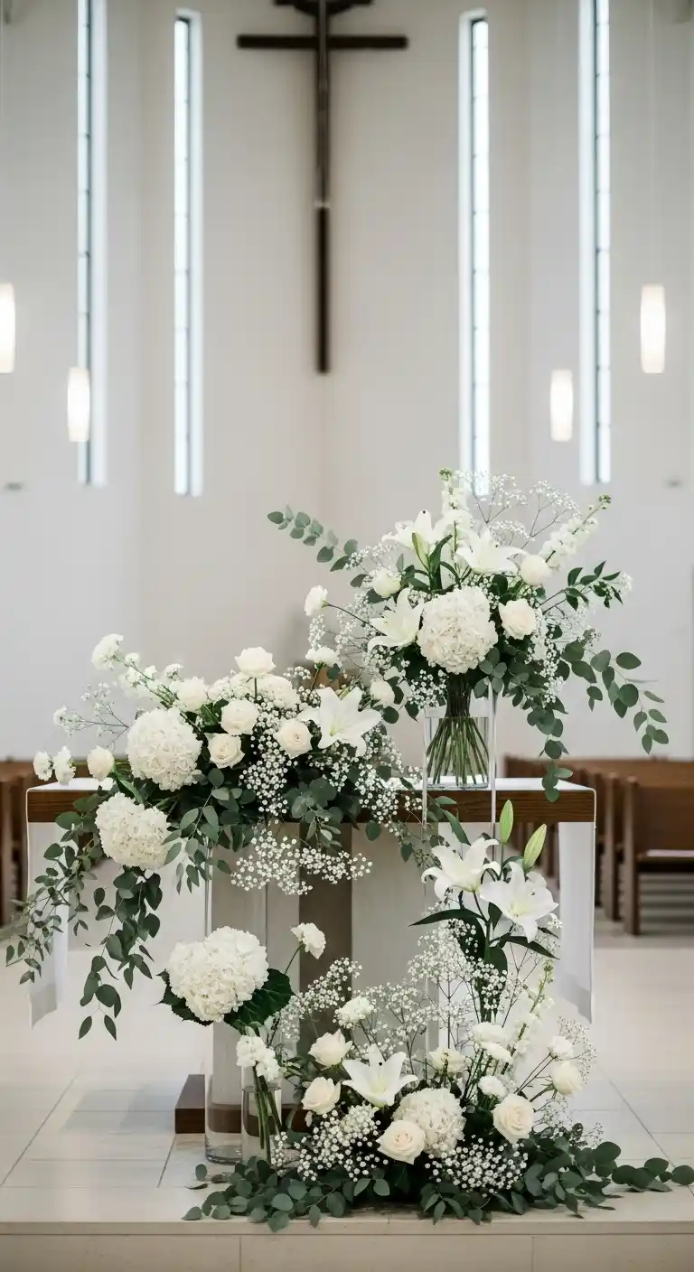 Ombre Rusty Orange Wedding Cake Monochromatic Floral Arrangements for a Modern Minimalist Church Wedding