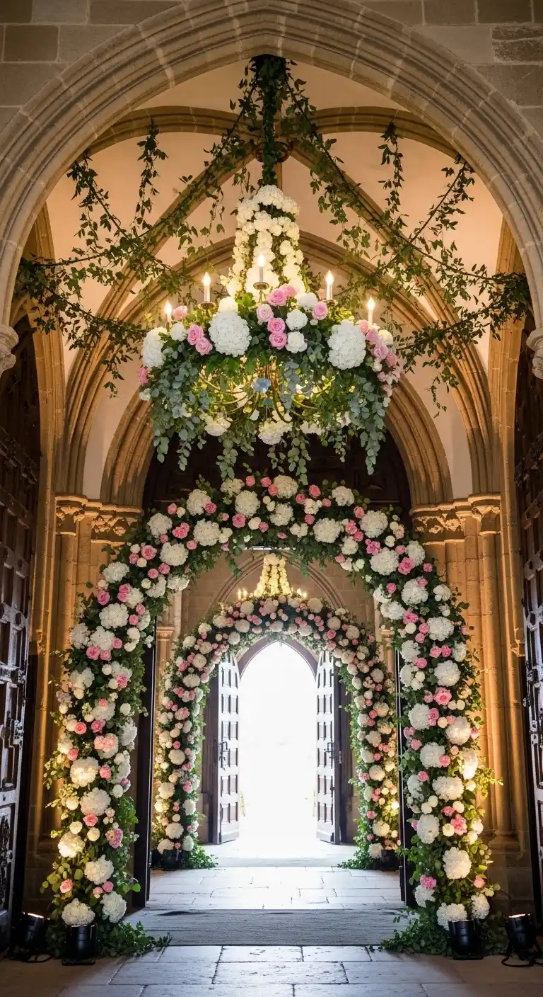 Ombre Rusty Orange Wedding Cake Hanging Floral Installations for a Show-Stopping Church Entrance