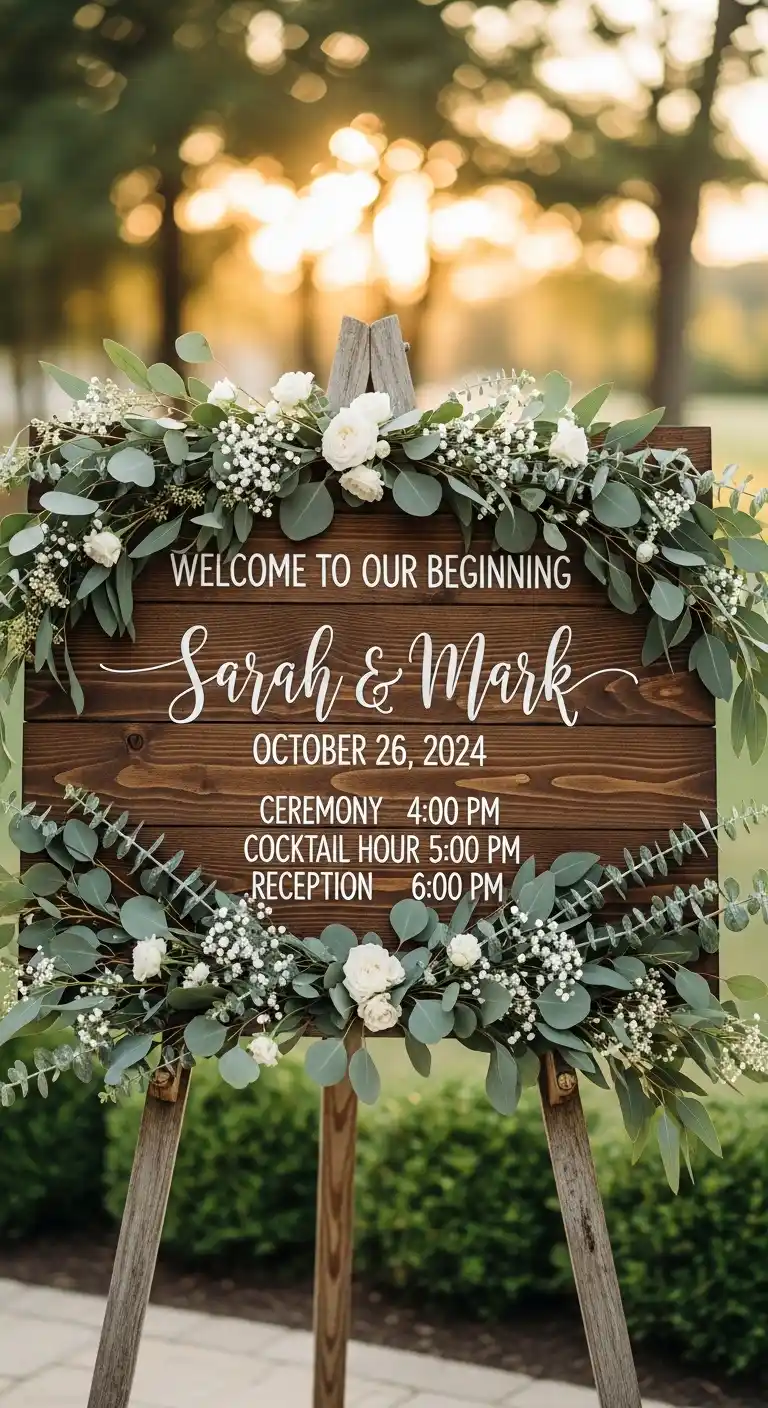 Ombre Rusty Orange Wedding Cake Eucalyptus Wedding Sign Decor