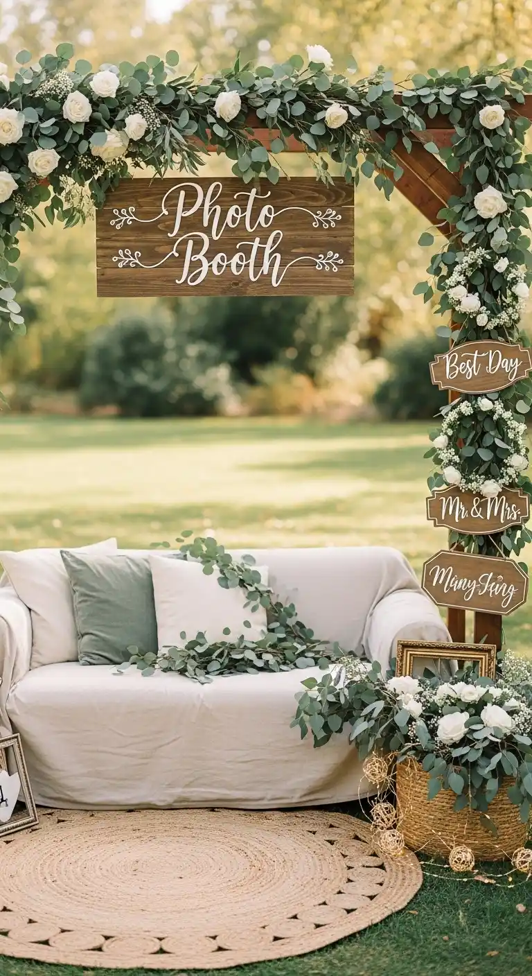 Ombre Rusty Orange Wedding Cake Eucalyptus Wedding Photo Booth Decor