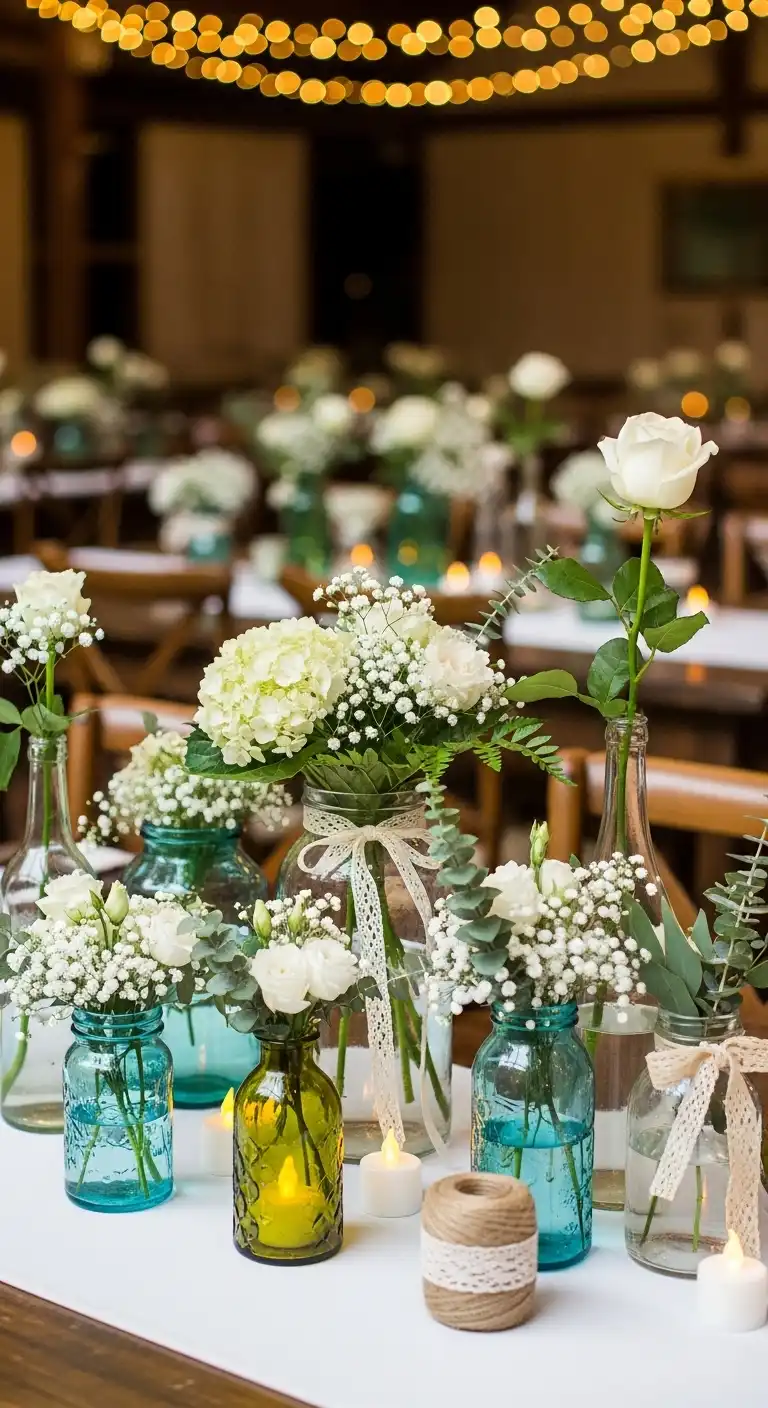 Thrifted Glass Jars and Bottles as Centerpieces Thrifted Glass Jars and Bottles as Centerpieces