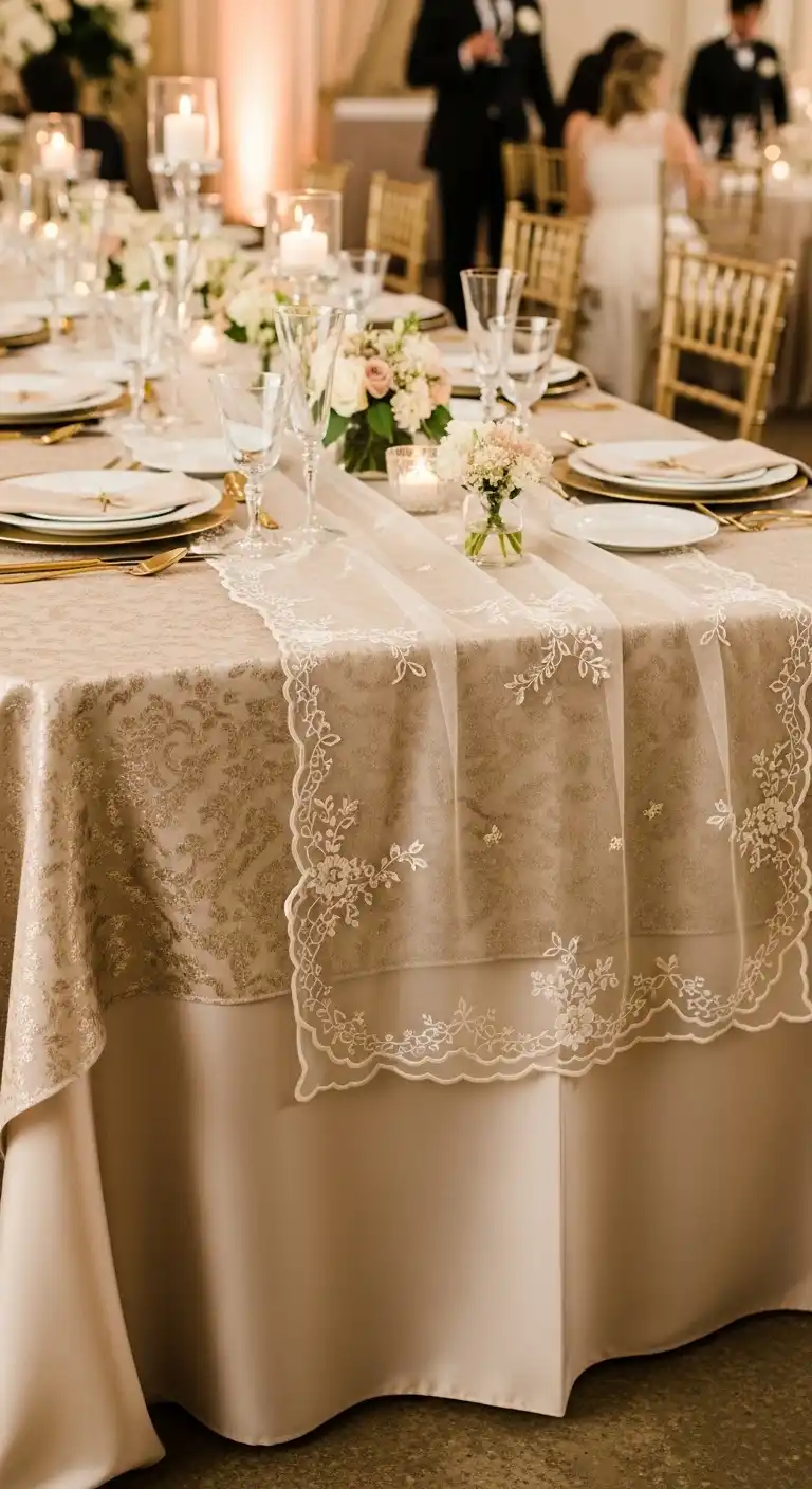 Layered Champagne Table Linens With Subtle Texture Layered Champagne Table Linens With Subtle Texture