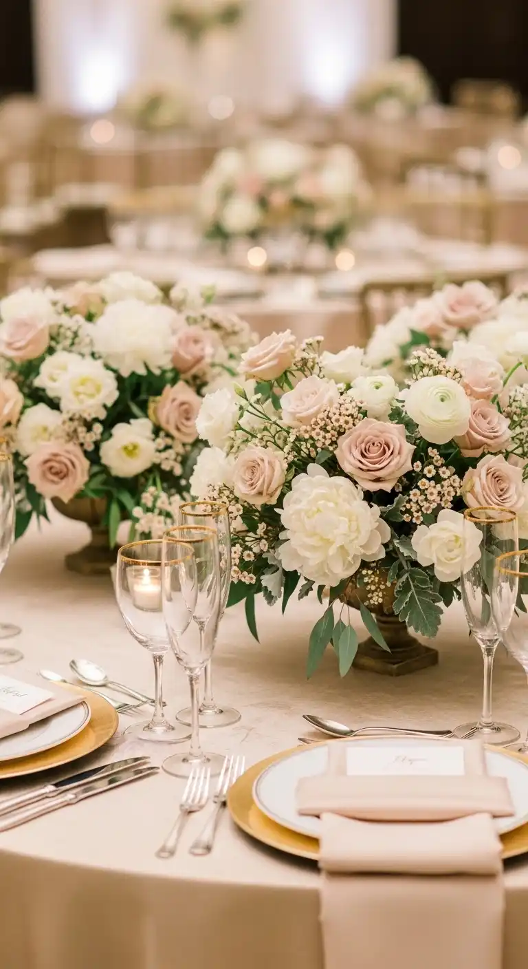 Soft Floral Centerpieces With Neutral Blooms Soft Floral Centerpieces With Neutral Blooms