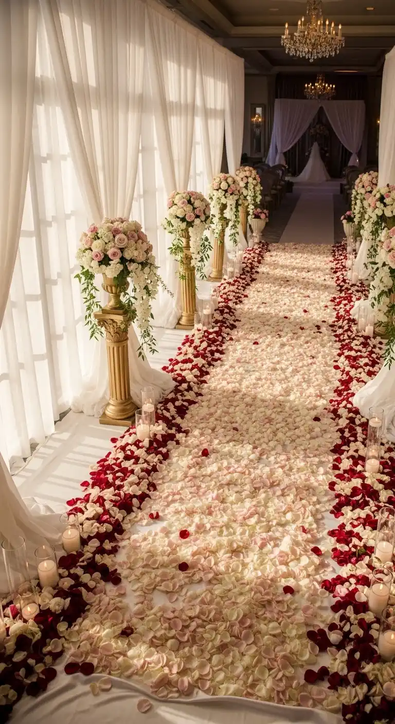 Refined Aisle Decorations With Petals and Fabrics Refined Aisle Decorations With Petals and Fabrics