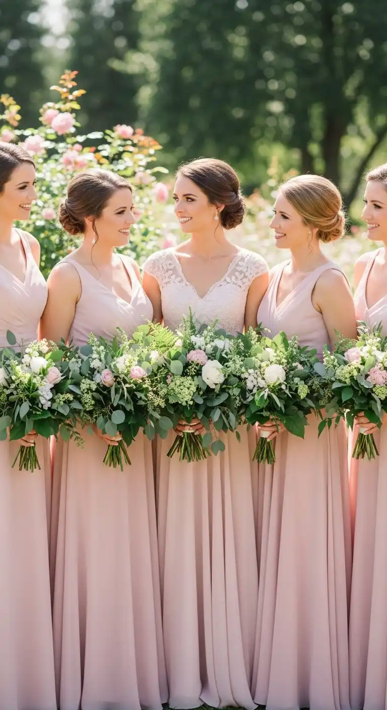 Soft Pink Bridal Party Attire with Fresh Green Bouquets Soft Pink Bridal Party Attire with Fresh Green Bouquets