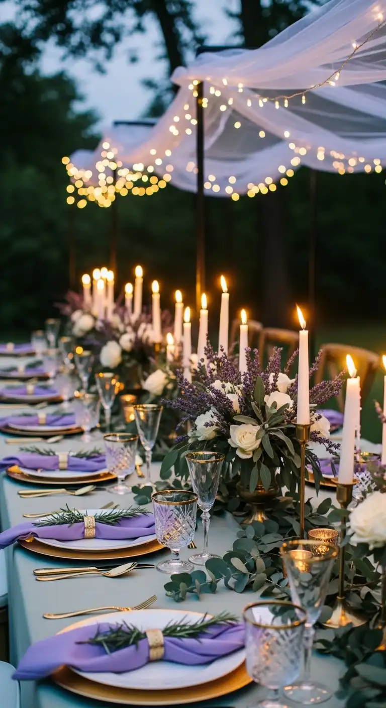 8 Lavender and Sage Wedding Decor Ideas That Feel Fresh 5 Use Lighting to Enhance the Lavender and Sage Palette