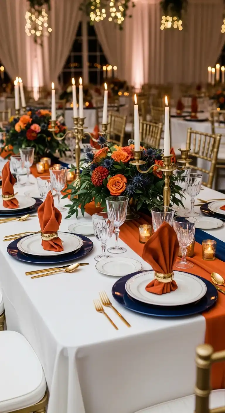 Elegant Table Settings with Burnt Orange and Navy Blue Accents Elegant Table Settings with Burnt Orange and Navy Blue Accents