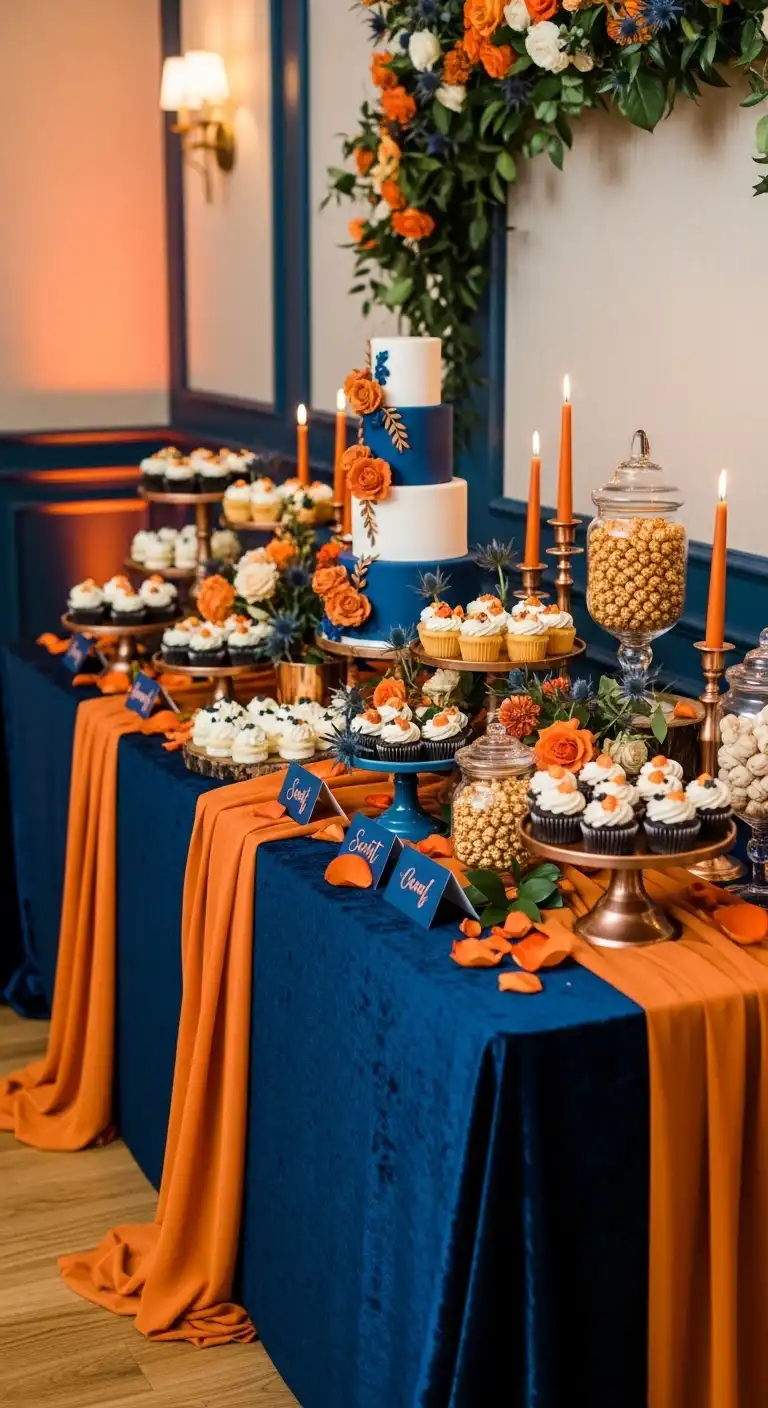 8 Burnt Orange and Navy Blue Wedding Decor Ideas 3 Themed Dessert Tables with Bold Details