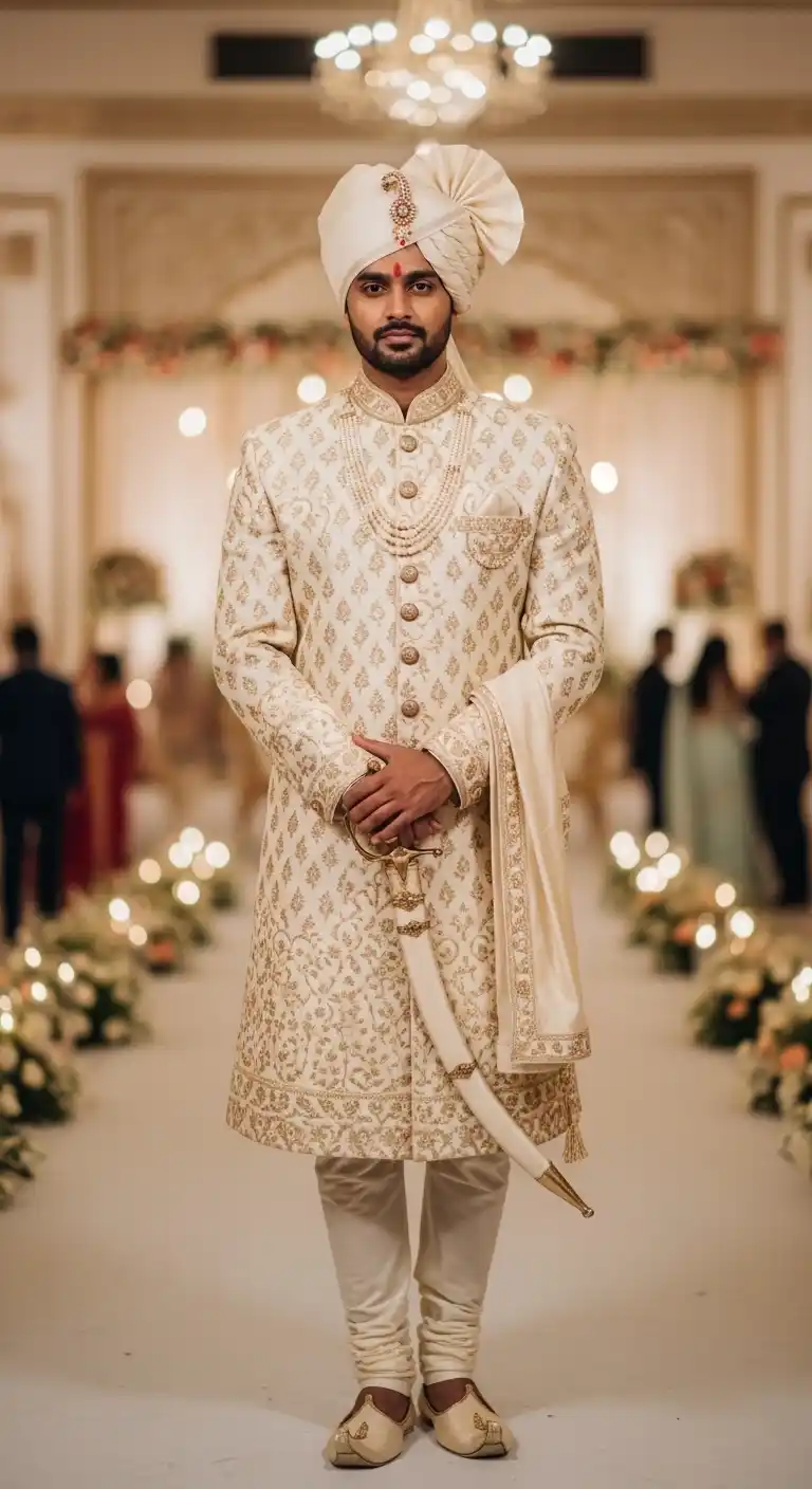 Cream Sherwani Engagement Wear for Men That Reflects Traditional Elegance Cream Sherwani Engagement Wear for Men That Reflects Traditional Elegance