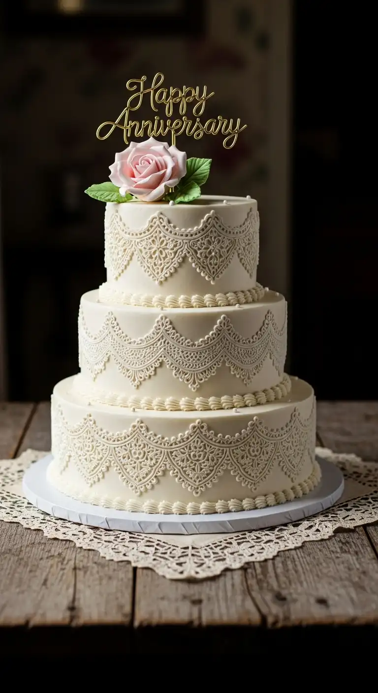 Vintage-Inspired Anniversary Cake with Lace Details Vintage-Inspired Anniversary Cake with Lace Details