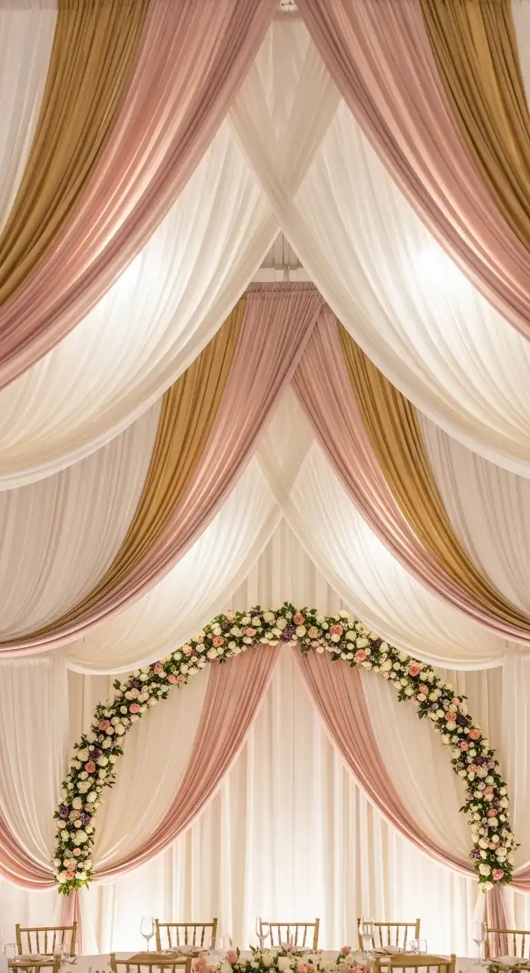 Fabric Draped Wedding Anniversary Background Design for Elegant Layered Textures Fabric Draped Wedding Anniversary Background Design for Elegant Layered Textures