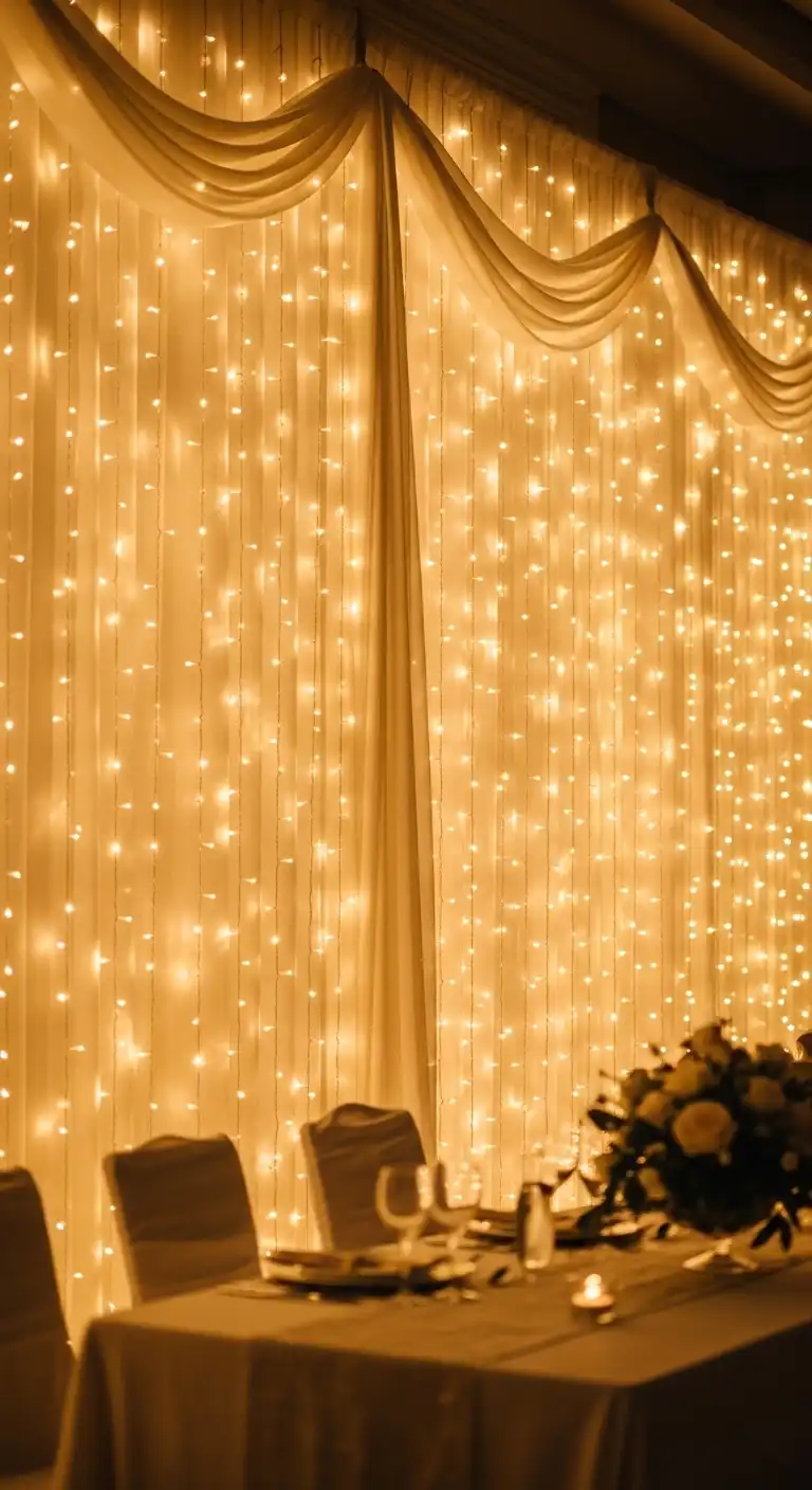 Fairy Light Curtain Wedding Anniversary Background Design for Warm Evening Glow Fairy Light Curtain Wedding Anniversary Background Design for Warm Evening Glow