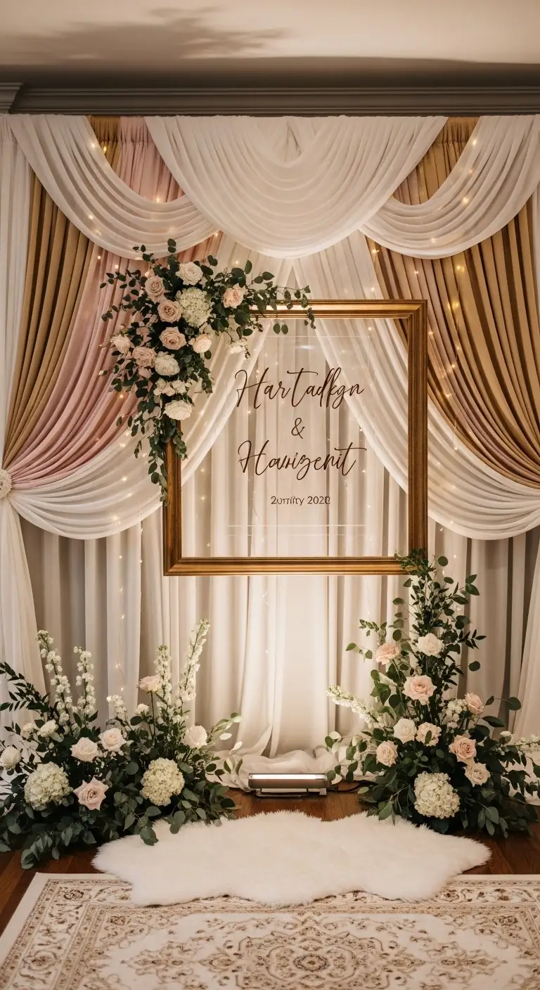 10 Engagement Entry Board Ideas for a Dreamy Welcome 4 Fabric Backdrop Engagement Entry Board with Soft Draped Elegance