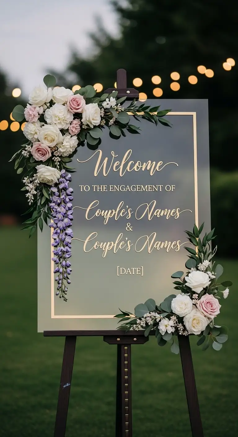 10 Engagement Entry Board Ideas for a Dreamy Welcome 3 Floral Frame Engagement Entry Board with Soft Romantic Styling