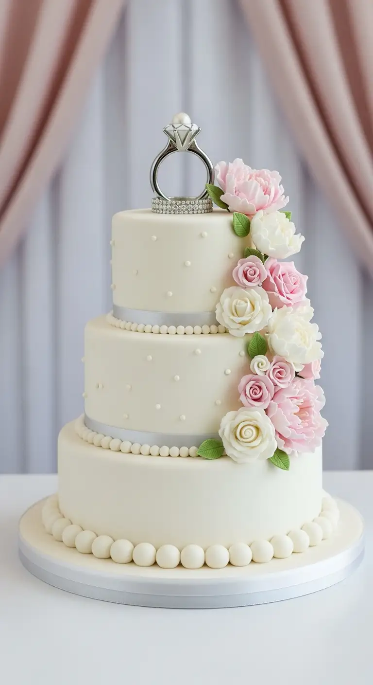 Pearl Embellished Engagement Theme Cake Design Pearl Embellished Engagement Theme Cake Design